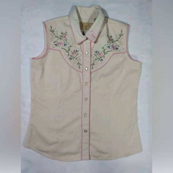 Scully Ivory Pink Floral Embroidered Breast Cancer Ribbon Western Pearl Snap L - Picture 7 of 8